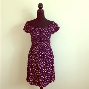 Off the shoulder flowered dress.